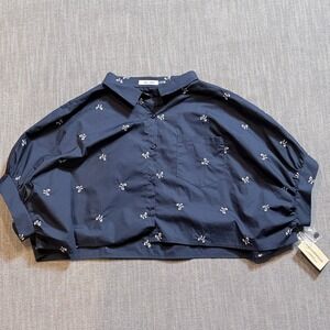 Day + Moon Navy Blue Embroidered Bow Cropped Blouse Button Down Shirt Large NEW